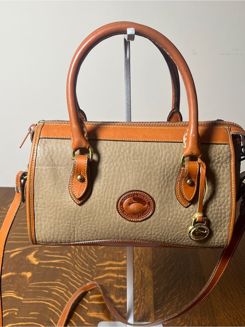 Vintage Dooney & Bourke All Weather Pebbled Leather Tan and Brown Satchel.